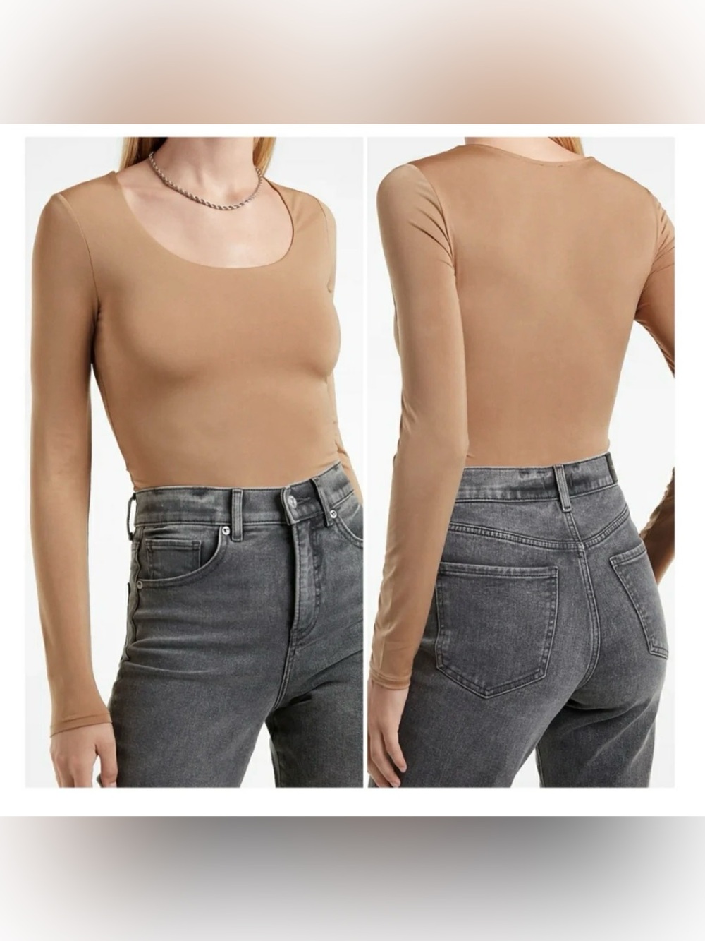 Topshop Tan Light Brown Scoop Neck Long Sleeve Bodysuit